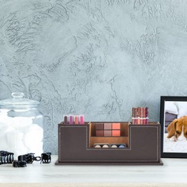 Relaxdays Desk Organiser, Pen Holder with 4 Compartments, Faux Leather, HBD: 11 x 29.5 x 11 cm, Office Organiser, Brown