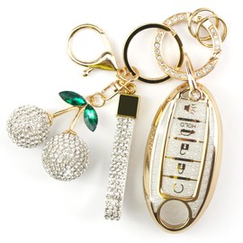 Rayslesan Sparkly Key Fob Cover with Cherry Keychain, Bling TPU Smart Key Case for Women, Compatible with Nissan Altima Armada Maxima Murano Pathfinder Rogue Sedan Sentra Versa (5-Button, Gold White)