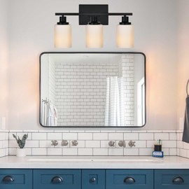 MELUCEE Matte Black Bathroom Light Fixtures with Milky White Glass Shade, 3-Light Bathroom Lights Vanity Lighting Fixtures Over Mirror Wall Sconces for Living Room Hallway Study Room