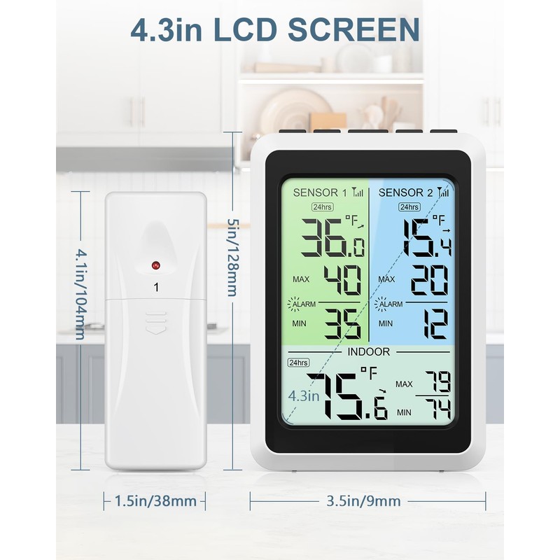 Ankilo Digital FridgeThermometer, Wireless Fridge Thermometer with 2 Sensor, Colour