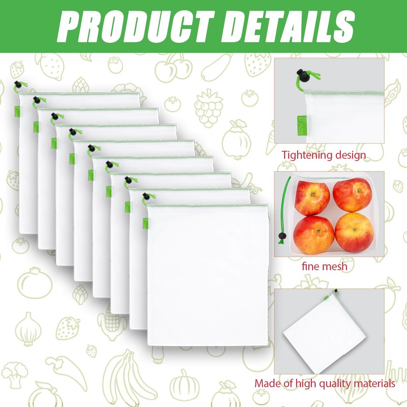 QhgPnt Reusable Mesh Fruit Bags, 8 Pack Vegetable Storage Bags
