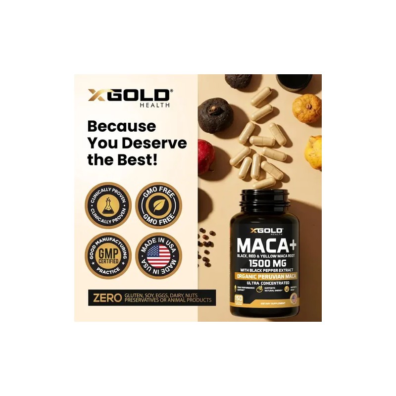 Organic Maca Root Powder Capsules Black, Yellow, Red -1000mg