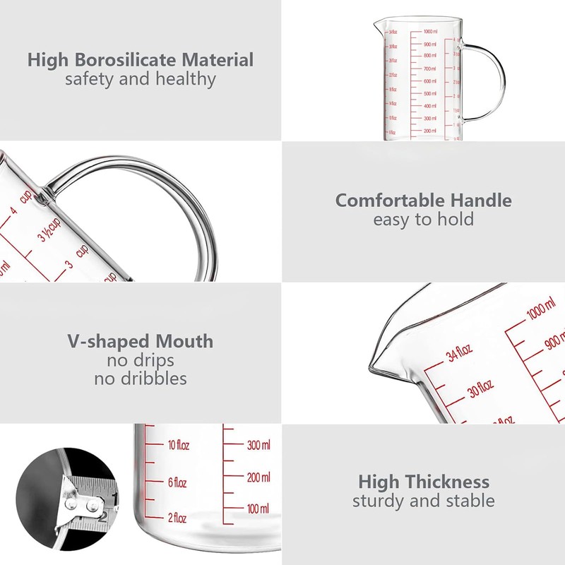 WhiteRhino 4Cup/1000ML Glass Liquid Measuring Cup With Handle,High Borosilicate Glass