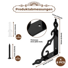Schwerlastregalhalter und -stützen Schwarz, Regalhalter 6 Stück, 90°-Metallwinkel, Klapphalter mit Schrauben 40 kg Tragkraft, Schwerlasthalter für Wandmontage (140x110 mm)