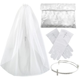 Elysian Gift Shop 4Pcs First Communion Accessory Set - White Tulle Veil with Headpiece - Satin Gloves - Brocade Pouch Bag - Crystal Cross Silver Bracelet