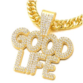COOLSTEELANDBEYOND Mens Womens Iced Out Good Life Pendant Necklace Pave Rhinestone Gold Bling Bling Rapper Jewelry, Rhinestone, No Gemstone