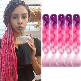 5 Pcs Colorful Jumbo Braiding Hair Extensions 3 Tone Ombre Synthetic Braiding Hair Extension 24 inches Purple to Peach Pink to Light Pink