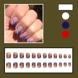 Generic 4th of July Press on Nails Short Square Fake Nails Independence Day Red White Blue Stripe French Tip False Nails Full Cover Stick on Nails Acrylic Patriotic Artificial Nails for Women 24Pcs