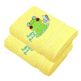 Lashuma Children's Towel Set in Yellow 50 x 90 cm, 2 x Embroidered Children's Bath Towels, Design: Frog Baby Bath Towel