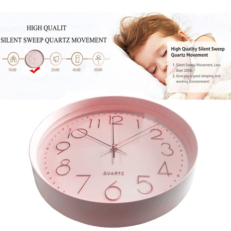 Maxspace Pink Wall Clock Silent Non-Ticking, 12in Analog Wall Clock