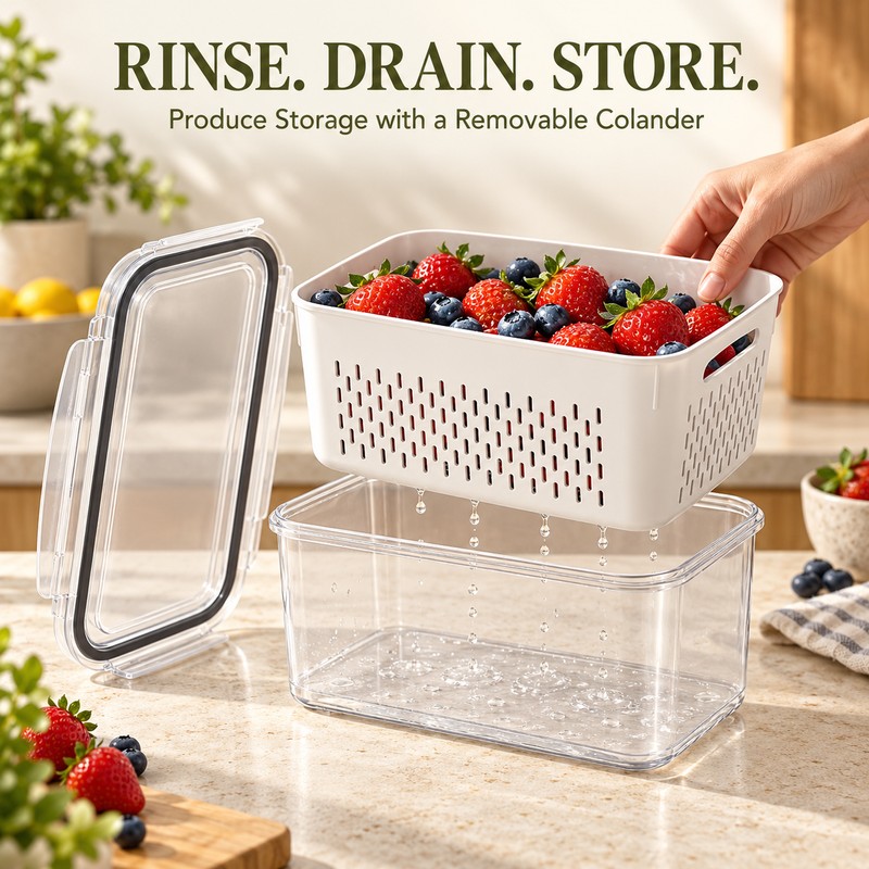 Produce Storage Containers for Fridge with Removable Colanders & Locking
