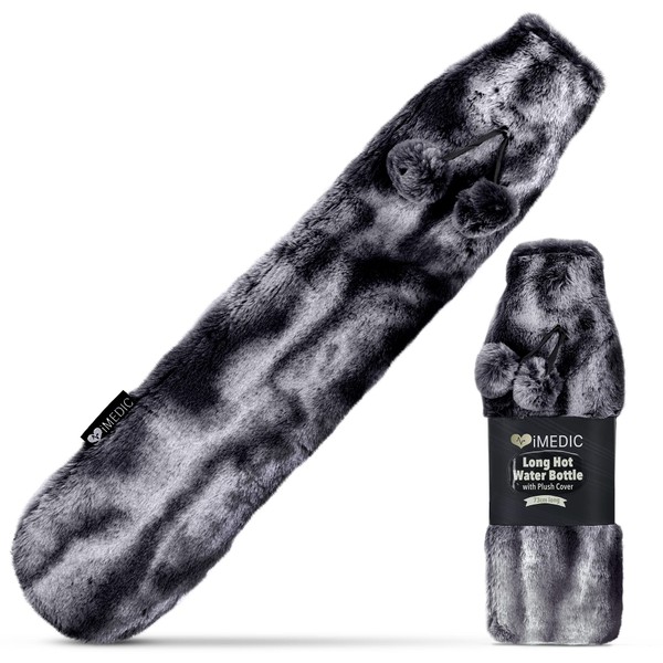 iMedic Extra Long Hot Water Bottle Covered with Luxury Cover Made from Super Soft Fleece or Comfy Knit - Long Hot Water Bottle with Cover UK - Large Hot Water Bottle - Faux Fur Dark Grey
