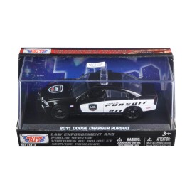Motormax 2011 Dodge Charger Pursuit Police Car 1/43 Scale Diecast Model with Open Doors and Working Wheels for Display