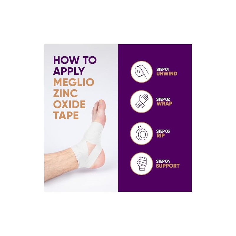 Meglio Zinc Oxide Tape, 7.5cm x 10m, White, Rigid Sports