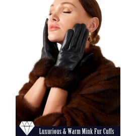 OCXMME Luxurious Warm Mink Fur Cuffs Rabbit Fur Lined Leather Gloves Women Touchscreen Black Large