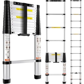 VEVOR Telescoping Ladder, 10.5FT/12.5FT/15 FT/18FT Aluminum One-button Retraction Collapsible Extension Ladder, 375LBS-400 LBS Capacity with Non-slip Feet, Portable Multi-purpose Compact Ladder for Home, RV, Loft, ANSI Liste - Size: 12.5 Ft