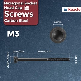 Kozelo Pack of 10 Cylindrical Screws with Hexagon Socket - [M3-0.5 x 55 mm] Screws Carbon Steel Black Oxide DIN 912 Partially Thread Allen Screw for Industrial Mechanical