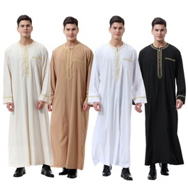 CAMDOM Middle East Arabic Men's Robes Muslim Kaftan Clothing V-Neck Thobe Arabic Muslim Casual Wear, beige
