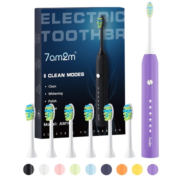 7AM2M Sonic Electric Toothbrush for Adults and Kids, with 6 Brush Heads, 5 Modes with 2 Minutes Build in Smart Timer, Roman Column Handle Design (Purple, 1 Count (Pack of 1))