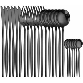 IMLUCKY 24 piezas Juego de Cubiertos de acero inoxidable: Vajilla de Utensilios para comer con cena Tenedores Cucharas Cuchillo para carne Servicio 6 (Negro)