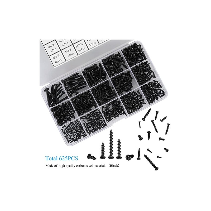 625pcs M2 M3 M4 Phillips Pan Head Self-Tapping Wood Screws,14