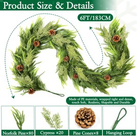 6FT Christmas Norfolk Pine Garland, Real Touch Greenery Cypress Garland with 80 Norfolk & 20 Cypress Leaves 8 Pinecones for Xmas Decorations Outdoor Table Fireplace Holiday Home