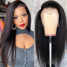 Real Hair Wigs, 13 x 4 (33x10 cm), Kinky Straight Human Hair Wig for Women, Natural Black Transparent Lace Wigs, Yaki Straight Lace Wig with Baby Hair, Pre-Plucked, 2