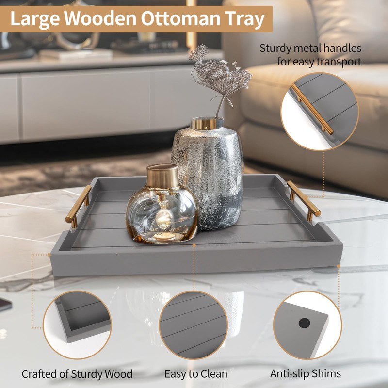SXNOWS Wood Serving Tray with 2 Sets of Handles,Large Ottoman