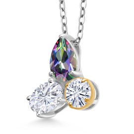 Gem Stone King 925 Sterling Silver and 10k Yellow Gold Green Mystic Topaz and White Moissanite