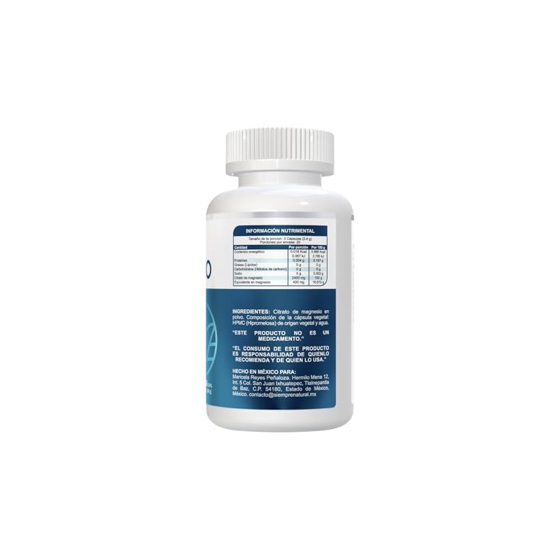 Citrato de Magnesio frasco con 60 capsulas de 800mg c/u