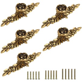 JUXYES Pack of 5 Euro Rose Decorative Cabinet Knobs with Plate, Floral Ivory Drawer Knob Cupboard Door Knobs, Ivory White Drawer Pulls Cabinet Handle Knobs for Dresser Cabinet