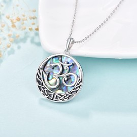 KINGWHYTE Om Necklace Celtic Moon Necklace S925 Sterling Silver Abalone Shell Om Ohm Aum Sanskrit Symbol Necklace Yoga Meditation Healing Inspirational Jewelry Gifts for Women