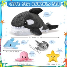 Syhood 5 Pieces Sea Stuffed Animals Plush Set Include 1 Large Whale Plush Doll with Small Starfish Dolphin Octopus Ray Stuffed Toy for Huggable Sleeping Holiday Birthday Gifts