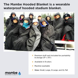 Mambe Large Extreme Weather Hooded Blanket Black - 100% Waterproof and Windproof with Premium Stuff Sack - Perfect for Stadiums and Watching Sports Activites - Machine Washable Fleece