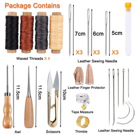 Leather Sewing Kit Leather Tool Kit Leather Working Tools with Leather Sewing Needles, Waxed Thread, Thimble, Awl and Storage Bag Leather Craft Hand Tools and Supplies for DIY Sewing Craft