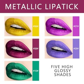 KYDA Set De 10 Labiales: 5 Mate Aterciopelados Y 5 Metálicos Brillantes. Brillo Labial De Larga Duración En Envase No Transferible. Kit De Regalo De C