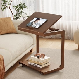 AQIMUELE Wooden C-Shaped End Table,Couch Table with Adjustable Desktop,Small Rolling Side Table with 2 Lockable Wheels 23.36" Width,Small End Table for Couch, Living Room,Bedroom (Walnut)
