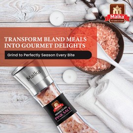 Malka Pink Salt Grinder Manual Bundle - Coarse Pre-filled Himalayan Pink Salt Grinders - Adjustable Glass Salt Grinders - Himalayan Salt Grinder Refillable - 200g