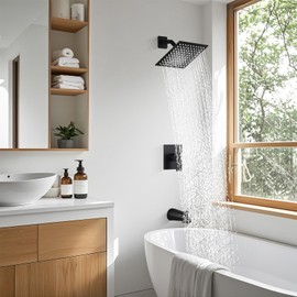MTTCLE Shower Faucet Set with Tub Spout, 8 Inch Square Wall Mounted Rainfall Shower Head with Rough-in Valve Body, Bathroom Shower Trim Kit Single Function RV Shower System(Matte Black)