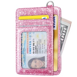 Slim Front Pocket Wallet RFID ID Card Holder Cute Small Wallet with Wrist Lanyards Key Chain Holder for Women, Peach Pink Glitter