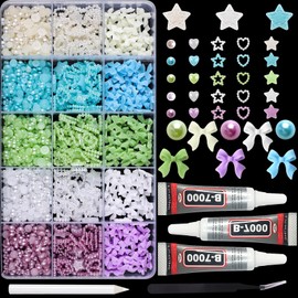 1750PCS Bow Nail Charms Colorful Bow Charms for Nails Cute Heart Star Nail Decoration 3D Bowknot Nail Art Charms Flatback Pearls with Picker Tools and 3Pcs 10ml B7000 Jewelry Glue