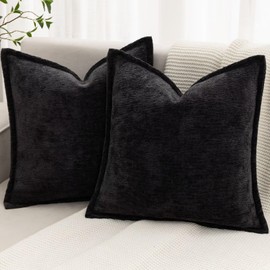 BAOLIZEGAO Black Decorative Throw Pillow Covers 18x18 Inch Set of 2 Cozy Soild Chenille Cushion Cases Soft Textured Square Couch Pillows Cover Boho Accent Farmhouse Pillowcases for Sofa Bed