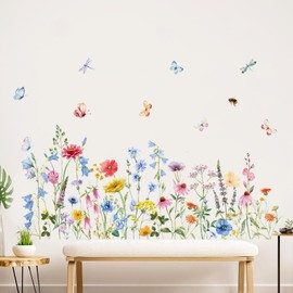 Flower Wall Decals Colorful Floral Wall Stickers Wildflower Butterflies Wall Mural Peel and Stick Vinyl Removable Flowers Wallpaper for Bedroom