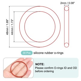 MECCANIXITY Silicone O-Ring 44mm ID 48mm OD 2mm Width Metric VMQ Sealing Gasket Replacement 50A Durometer for Plumbing Compressor Faucets Valves Repair (Red, Pack of 30)