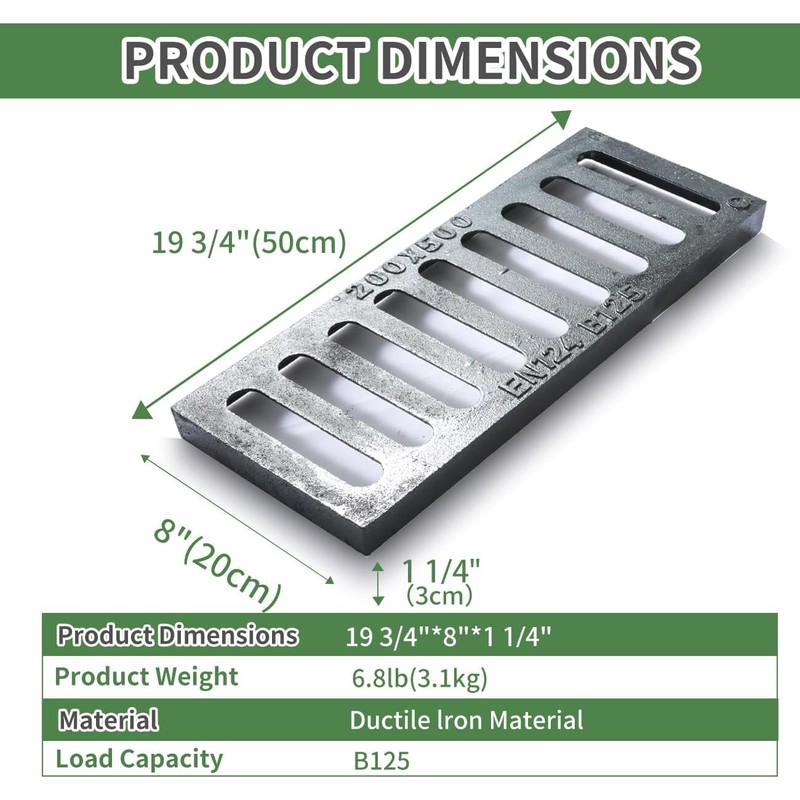 Cast Iron Drain Grate, 8 * 20in Heavy Duty Outdoor