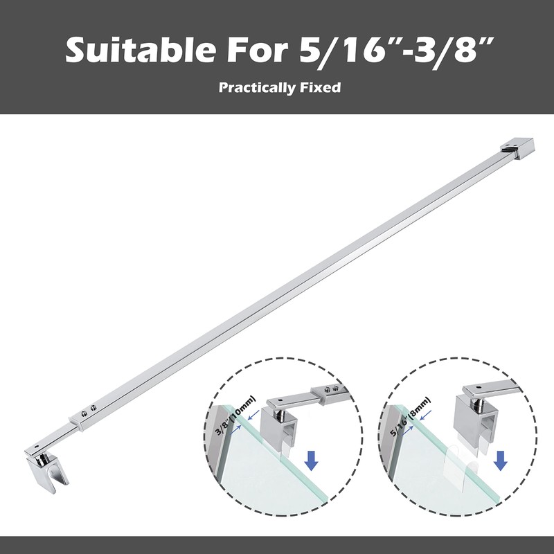 Polished Silver Stainless Steel Wall-to-Glass Bathroom Shower Support Bar Arm