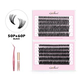 NATUHANA DIY Eyelash Extension Kit, 50P + 60P Volume Lash Cluster, 8-16 mm Mixed Tray, 0.07 mm, DIY Eyelash Extension, 240 Pieces Eyelash Cluster Kit with Eyelashes, Tweezers & Glue (50p + 60p-Black