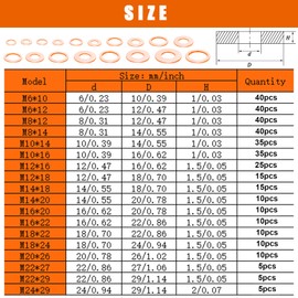 Seamaka 360PCS Crush Washer Oil Drain Plug,18 Sizes Copper Crush Washers Assortment Kit,Automotive Oil Pan Drain Plug Gasket M6 M8 M10 M12 M14 M16 M18 M20 M22 M24