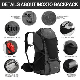 INOXTO 40L Hiking Backpack, Camping Backpack with Waterproof Rain Cover for Men, Outdoor Sport Travel Daypack for Climbing (Black grey)
