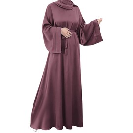 Women Solid Satin Robe Bishop Sleeve Long Middle East Dress Muslim Robe, Purple02